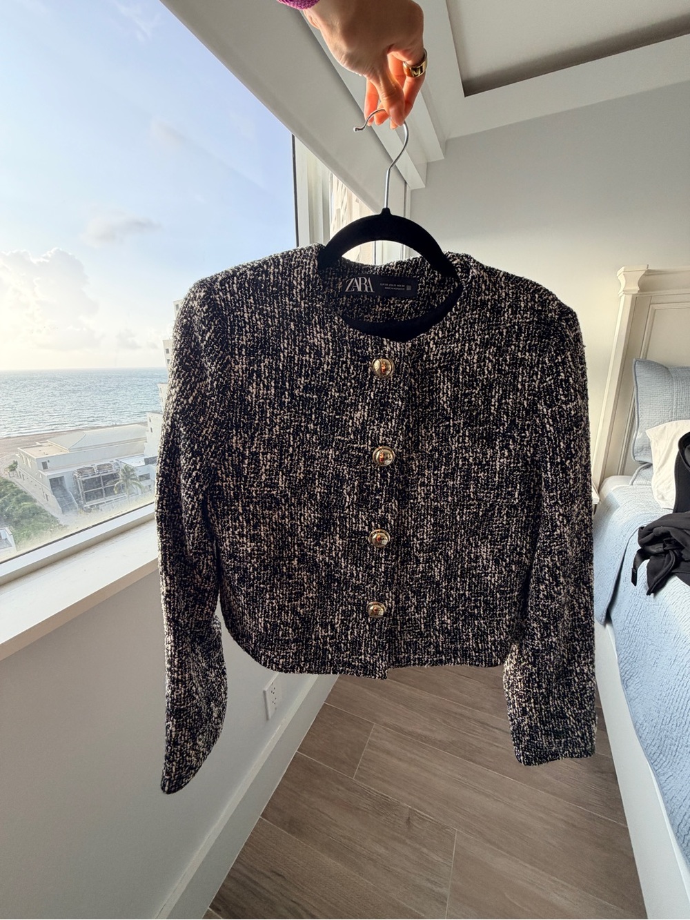 Zara Black and White Tweed Cropped Button Cardigan